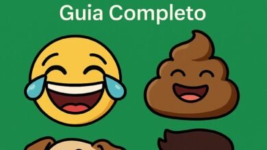Coleção das melhores figurinhas engraçadas para WhatsApp em 2025: emoji de risada, cocô sorridente, cachorro divertido e rosto animado.